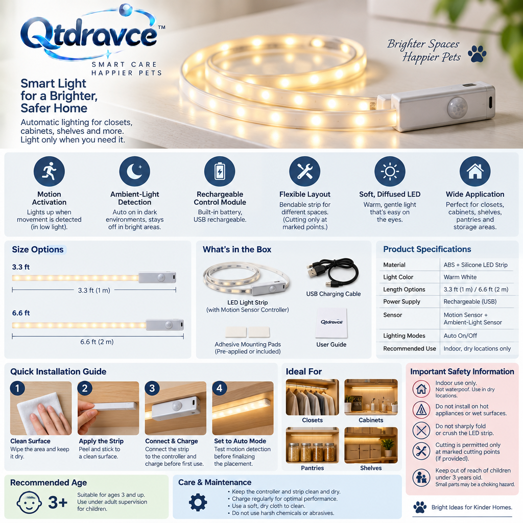 Qtdravce™ ShelfSense Rechargeable Motion Sensor LED Light Strip – Wireless Closet, Cabinet & Storage Lighting