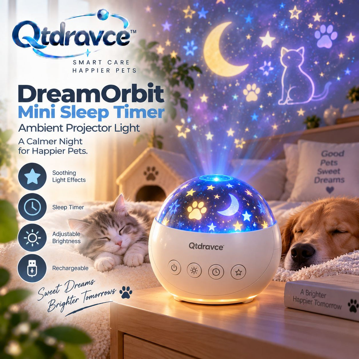 Qtdravce™ DreamOrbit Mini Ambient Projector Night Light – Sleep Timer Star & Aurora Mood Lamp with Adjustable Brightness