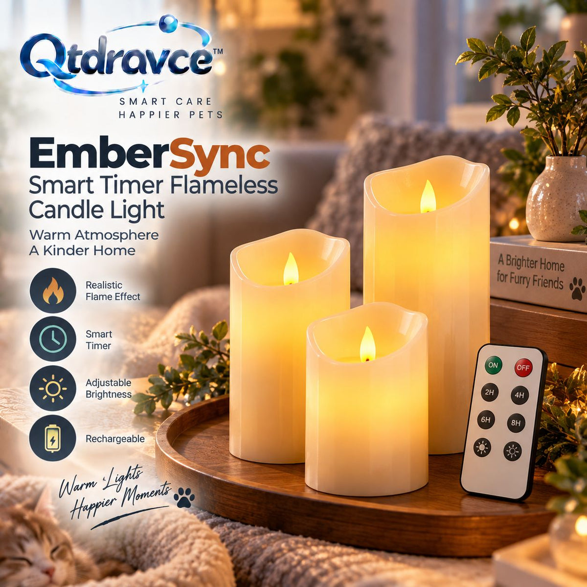 Qtdravce™ EmberSync Smart Timer Flameless LED Candles – Flickering Battery Operated Faux Candle Lights, 3 Piece Set