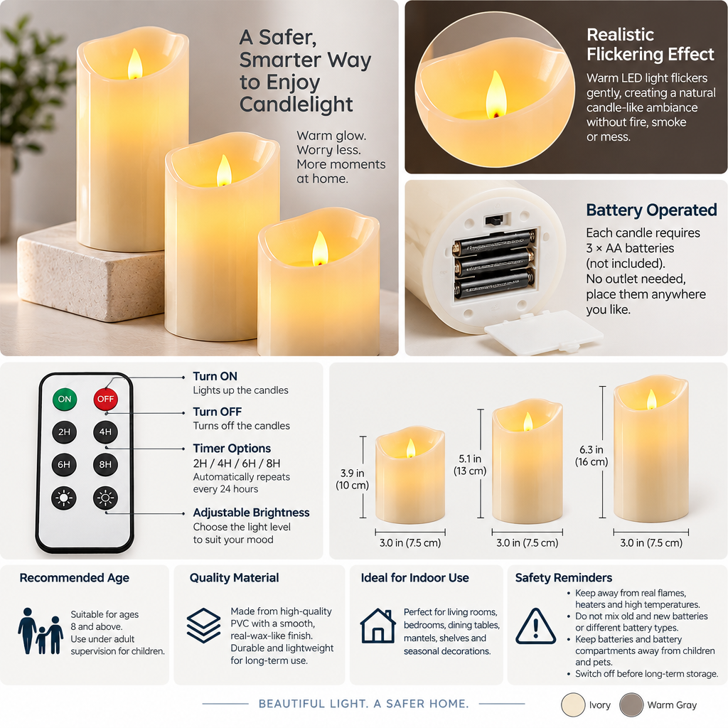 Qtdravce™ EmberSync Smart Timer Flameless LED Candles – Flickering Battery Operated Faux Candle Lights, 3 Piece Set