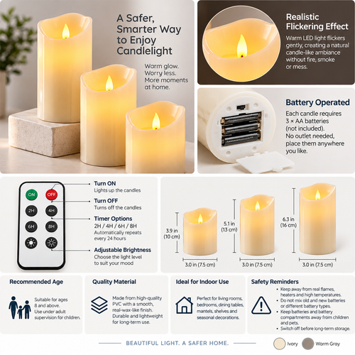 Qtdravce™ EmberSync Smart Timer Flameless LED Candles – Flickering Battery Operated Faux Candle Lights, 3 Piece Set