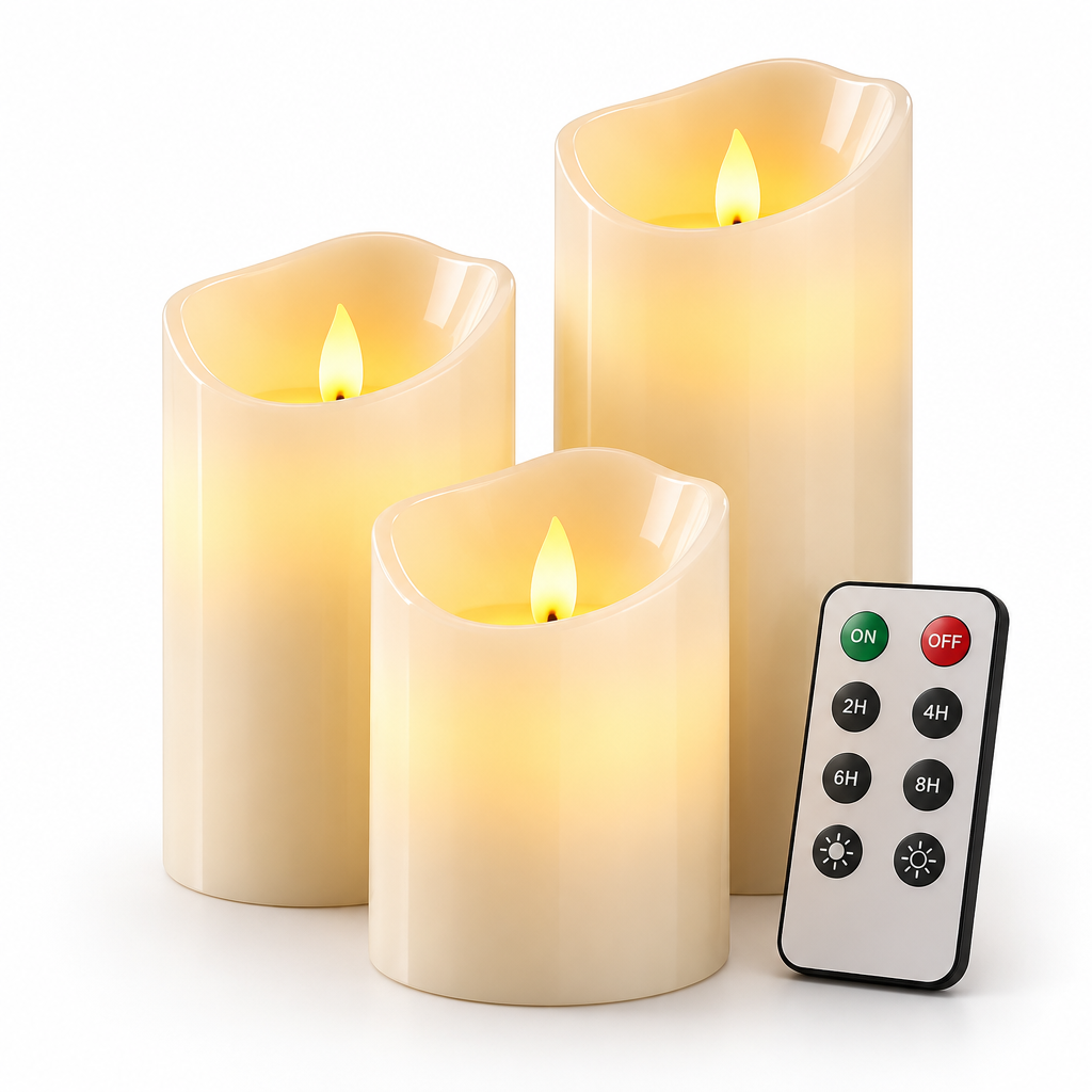 Qtdravce™ EmberSync Smart Timer Flameless LED Candles – Flickering Battery Operated Faux Candle Lights, 3 Piece Set