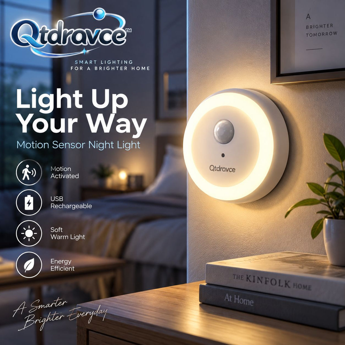 Qtdravce™ HaloSense USB Rechargeable Motion Sensor Night Light – Wireless LED Night Lamp for Bedroom, Hallway, Stairs & Closet