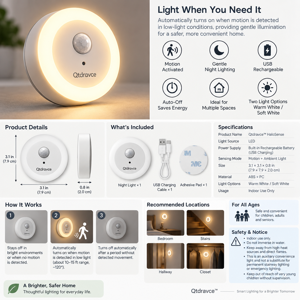 Qtdravce™ HaloSense USB Rechargeable Motion Sensor Night Light – Wireless LED Night Lamp for Bedroom, Hallway, Stairs & Closet