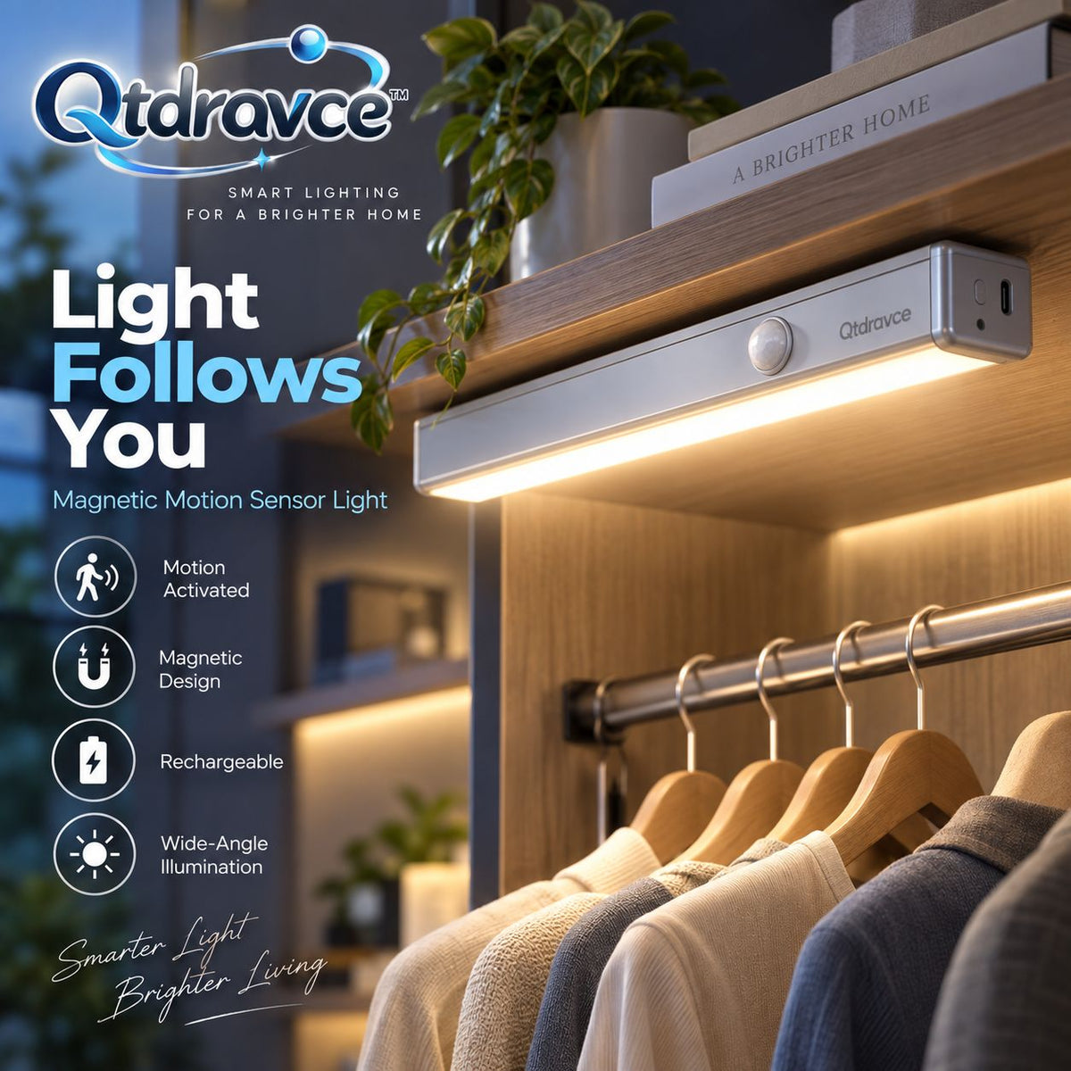 Qtdravce™ MagniGlow Magnetic Rechargeable Motion Sensor Light – Wireless LED Closet, Cabinet & Wardrobe Light