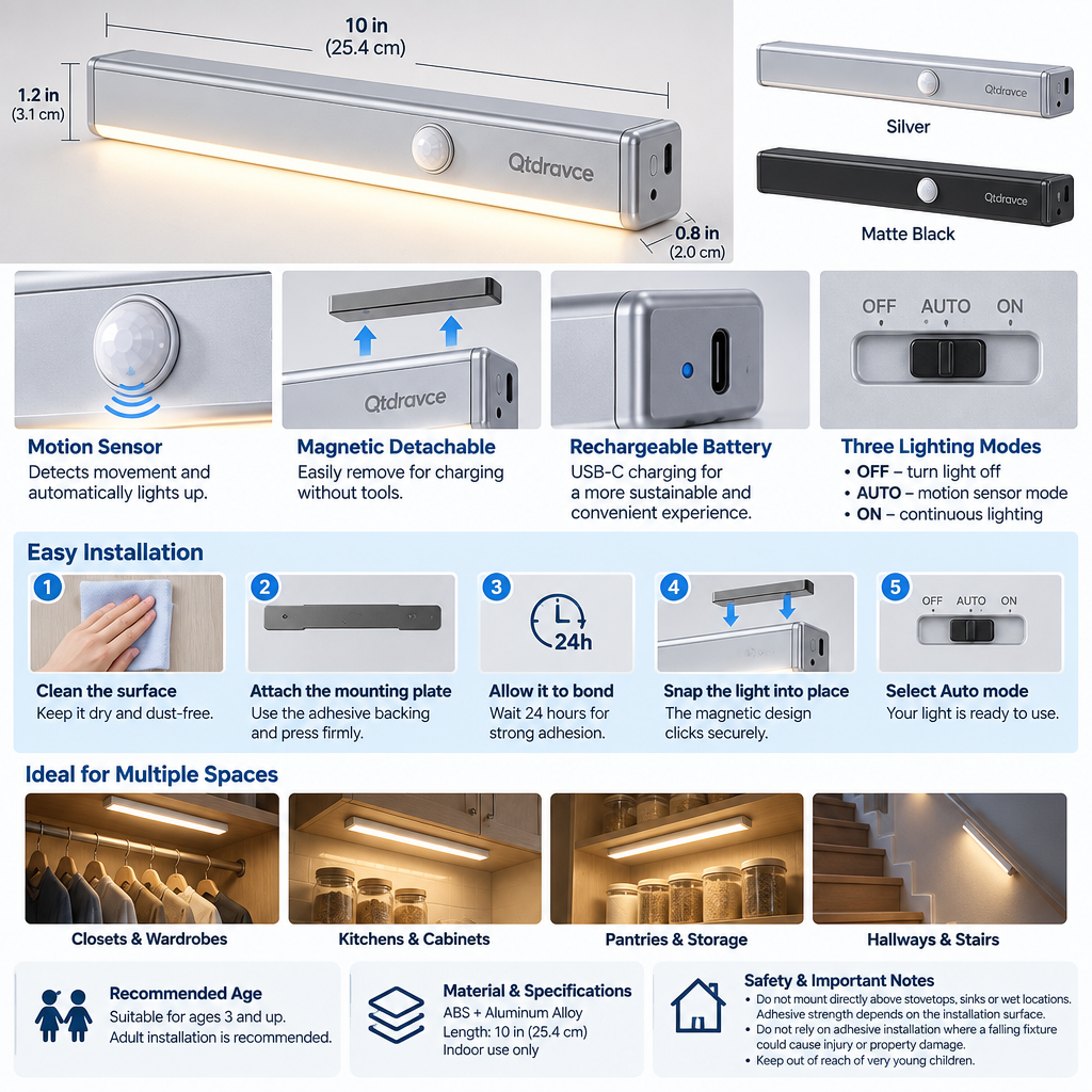 Qtdravce™ MagniGlow Magnetic Rechargeable Motion Sensor Light – Wireless LED Closet, Cabinet & Wardrobe Light