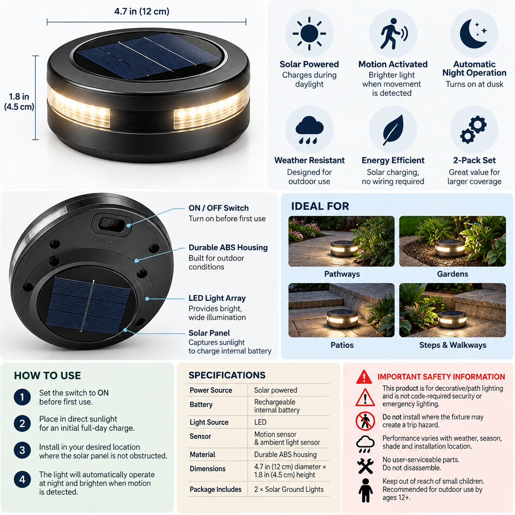 Qtdravce™ TerraPulse Mini Solar LED Motion Sensor Ground Light – Outdoor Pathway, Yard, Patio & Garden Light