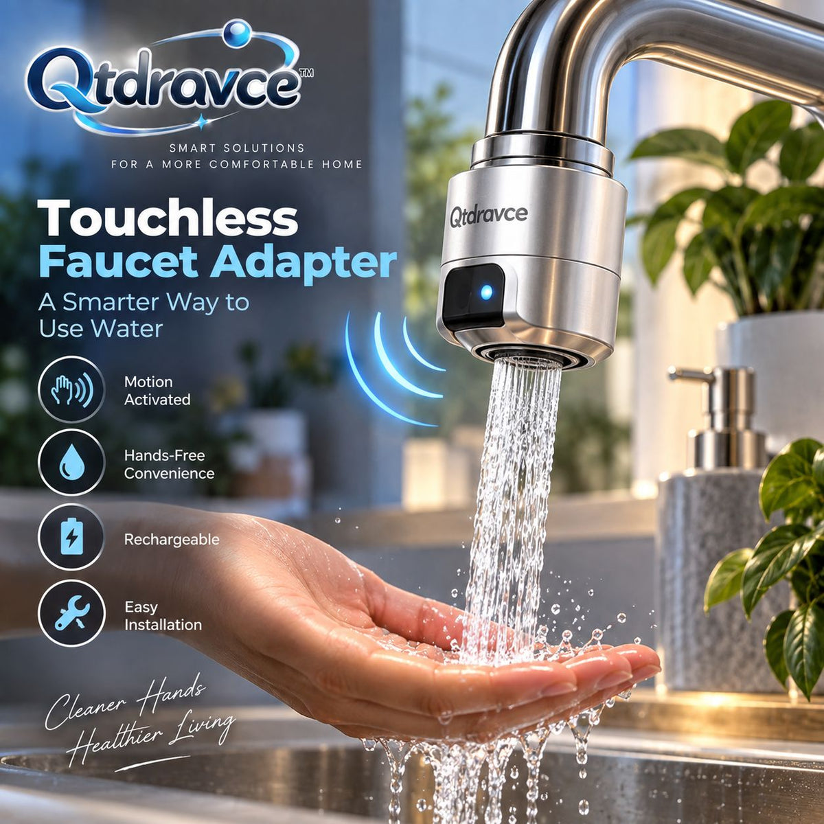 Qtdravce™ FlowSense Touchless Faucet Sensor Adapter – Automatic Motion Activated Hands-Free Sink Attachment