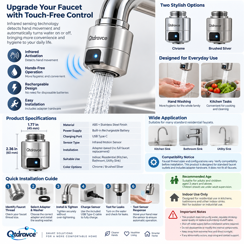 Qtdravce™ FlowSense Touchless Faucet Sensor Adapter – Automatic Motion Activated Hands-Free Sink Attachment
