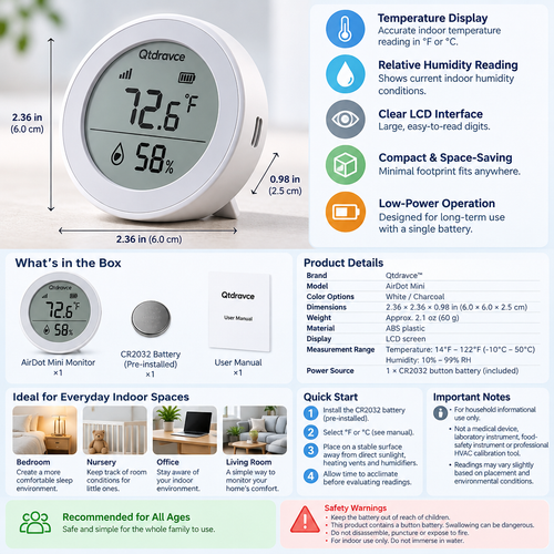Qtdravce™ AirDot Mini Indoor Temperature Humidity Monitor – Digital Thermometer Hygrometer with LCD Display