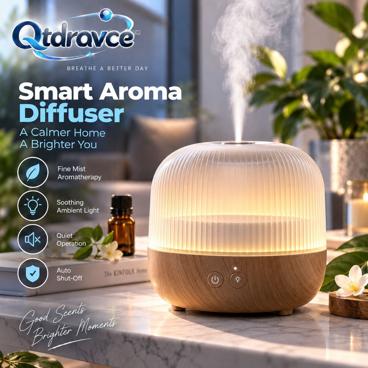 Qtdravce™ MistArc Smart Aroma Diffuser – Ultrasonic Essential Oil Diffuser with Timer, Ambient LED & Auto Shut-Off