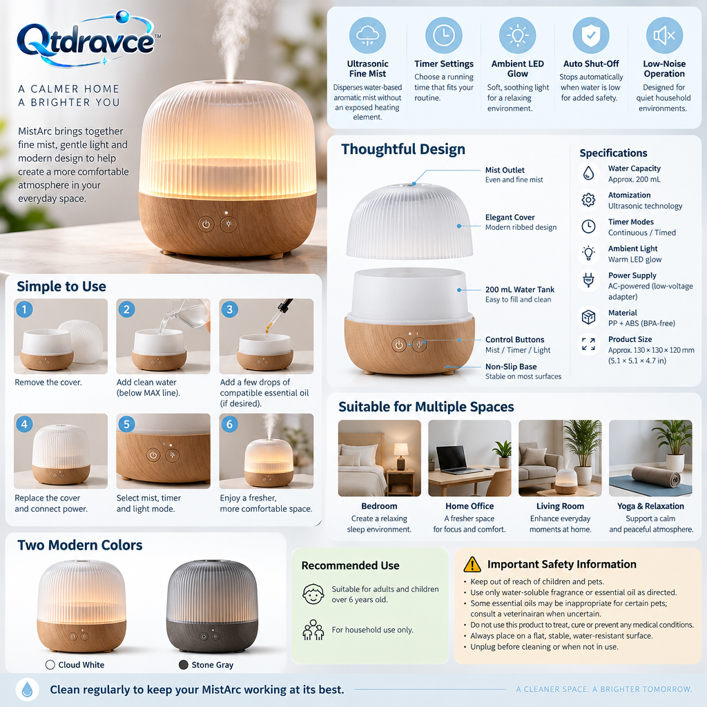 Qtdravce™ MistArc Smart Aroma Diffuser – Ultrasonic Essential Oil Diffuser with Timer, Ambient LED & Auto Shut-Off