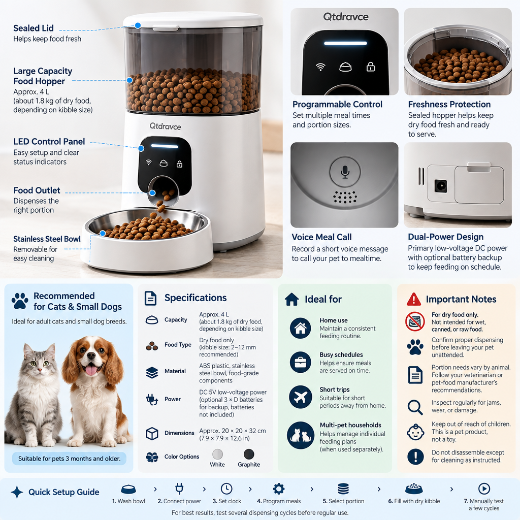 Qtdravce™ FeedPilot Automatic Pet Feeder – Programmable Timed Dry Food Dispenser with Portion Control & Voice Meal Call