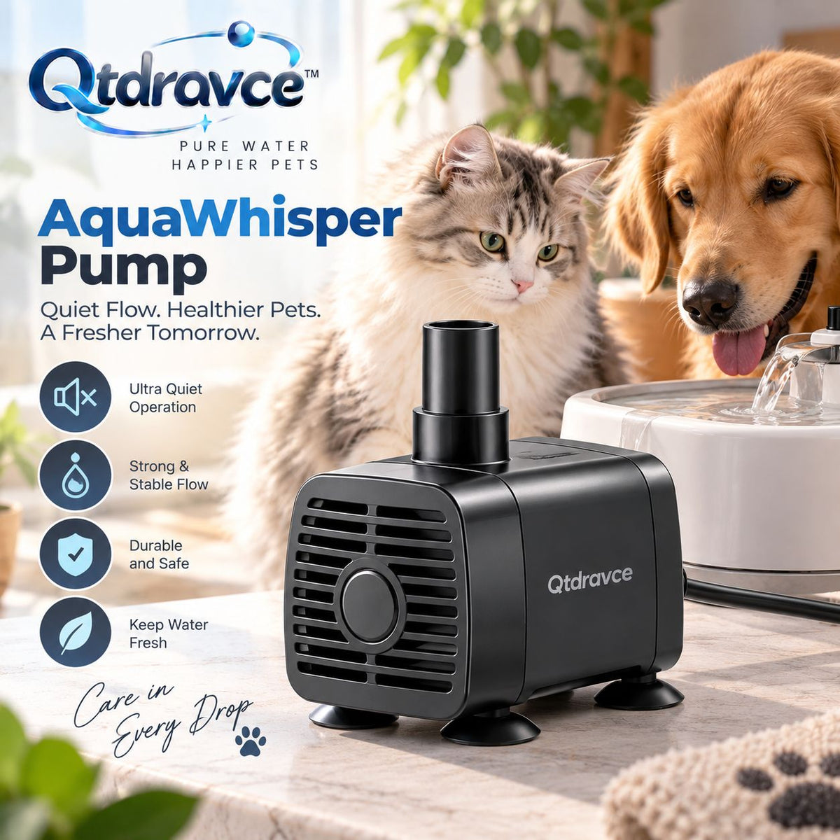Qtdravce™ AquaWhisper Quiet Pet Water Fountain Pump – Low-Noise USB Replacement Circulation Pump for Compatible Fountains