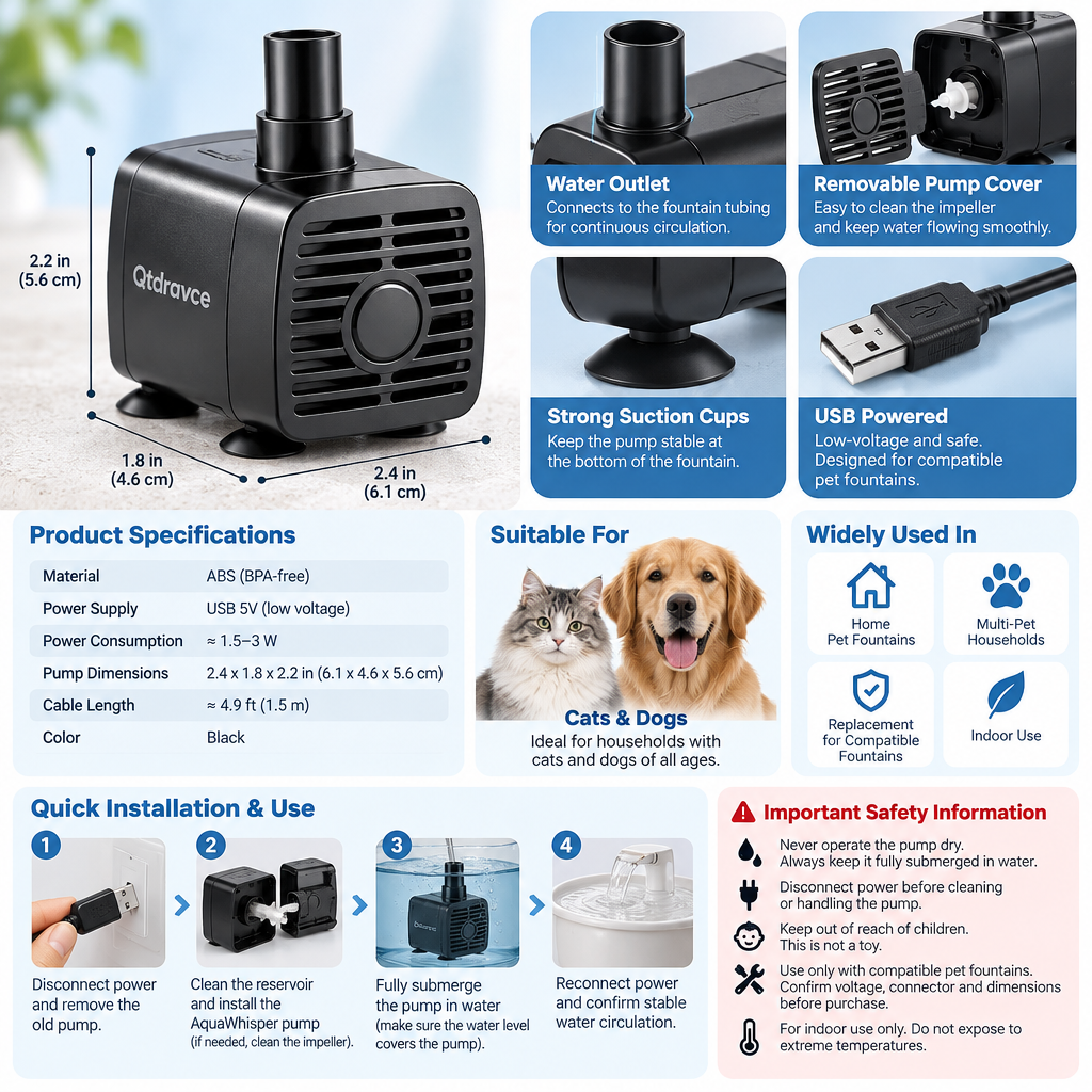 Qtdravce™ AquaWhisper Quiet Pet Water Fountain Pump – Low-Noise USB Replacement Circulation Pump for Compatible Fountains