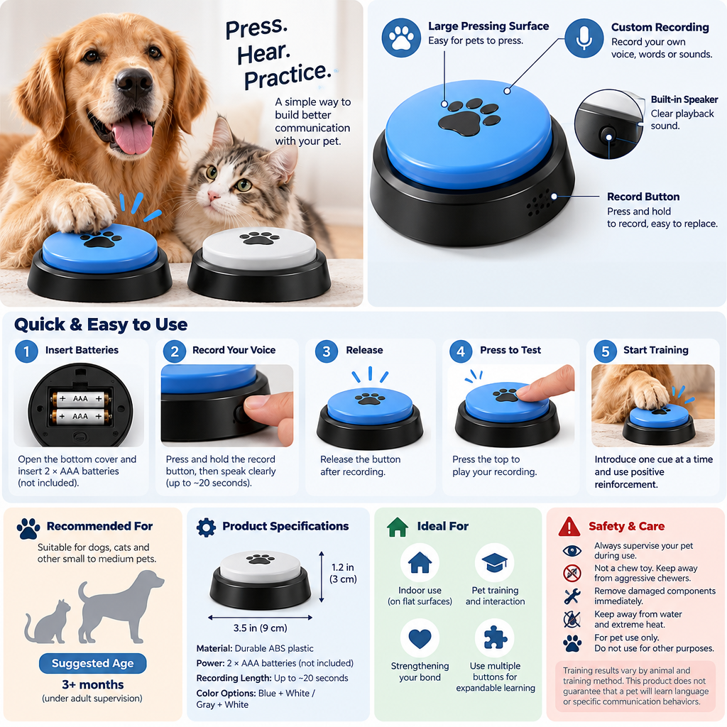 Qtdravce™ TalkPaw Recordable Pet Training Buttons – Custom Voice Sound Buttons for Interactive Dog & Pet Training, 2 Pack